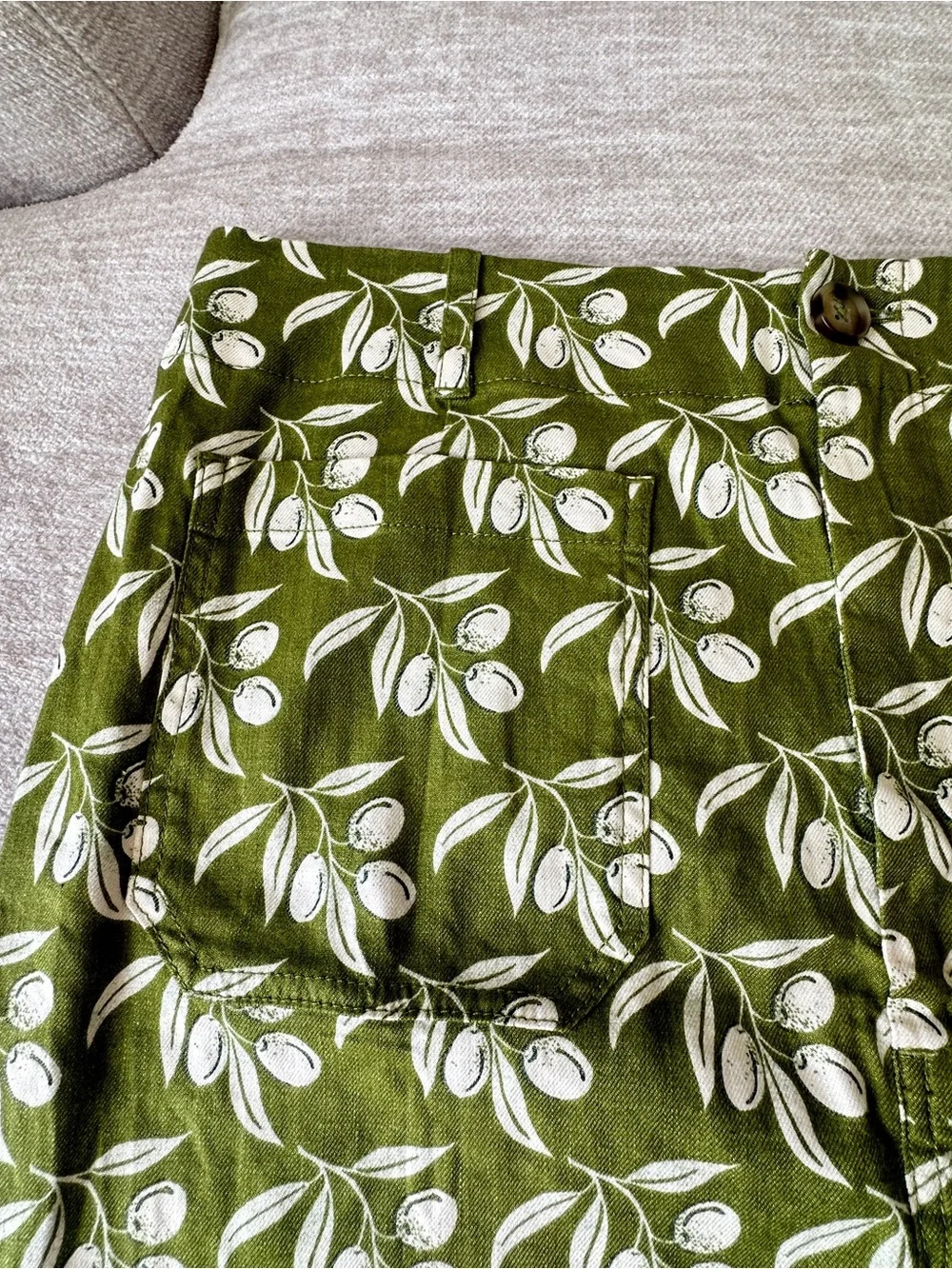 Anthropologie Olive Green Mini Skirt with White Botanical Print - Picture 3 of 11